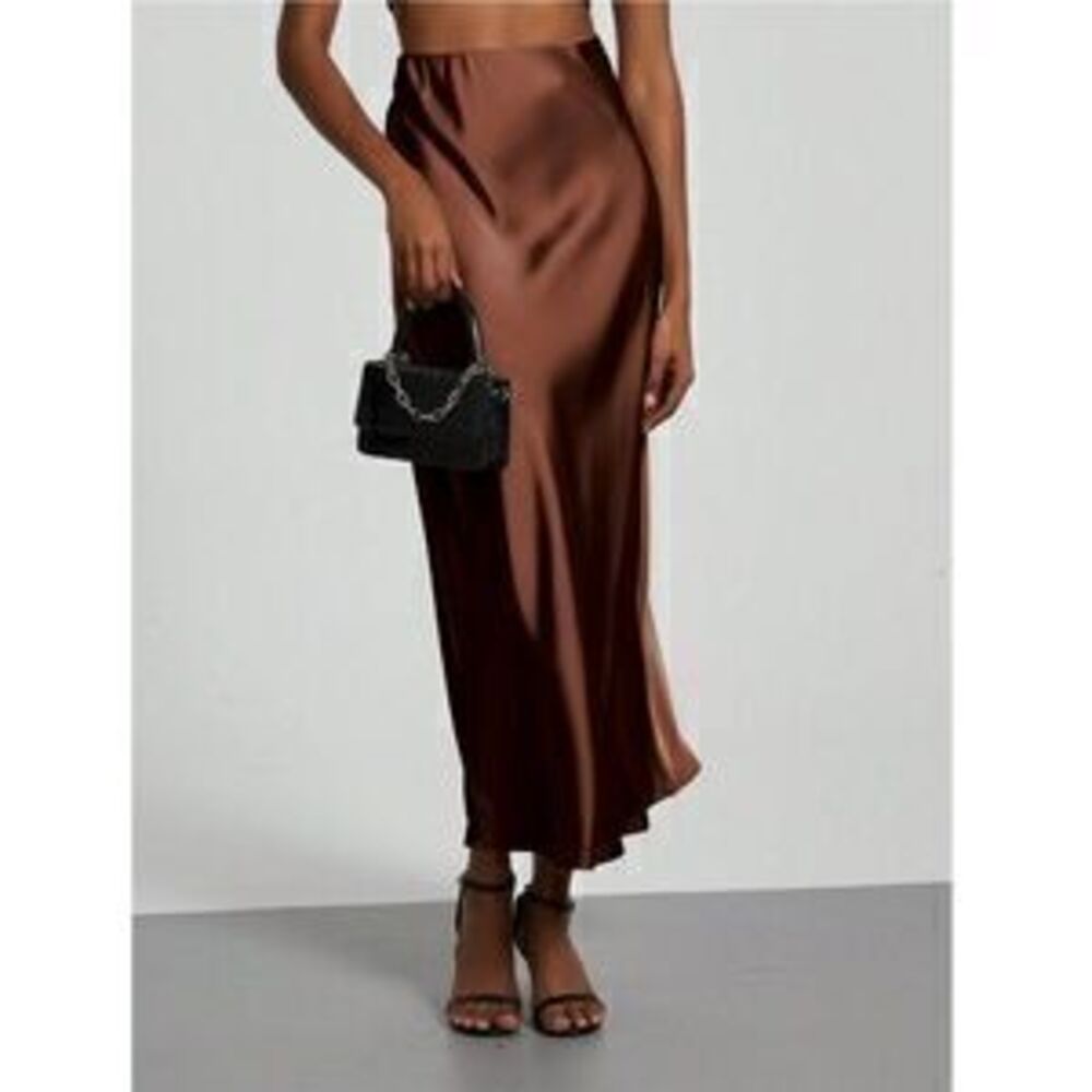 Brown Satin A-Line Skirt High Waisted Long - Picture 3 of 3